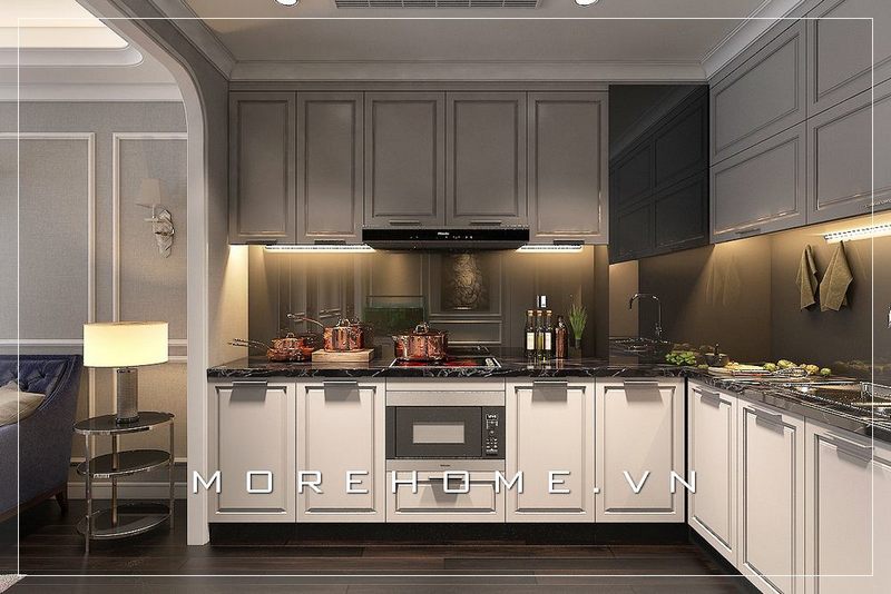 Mẫu tủ bếp gỗ tự nhiên màu trắng, với thiết kế đường nét tân cổ điển nhẹ nhàng, sang trọng cho phòng bếp cao cấp